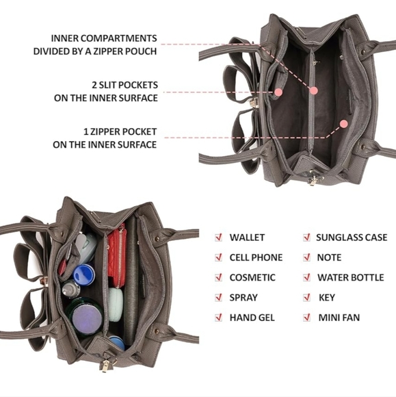 NEW! 3D Bow Vegan Leather 3-Way wear Grey Satchel, Crossbody, & Shoulder (Large) - Picture 7 of 13